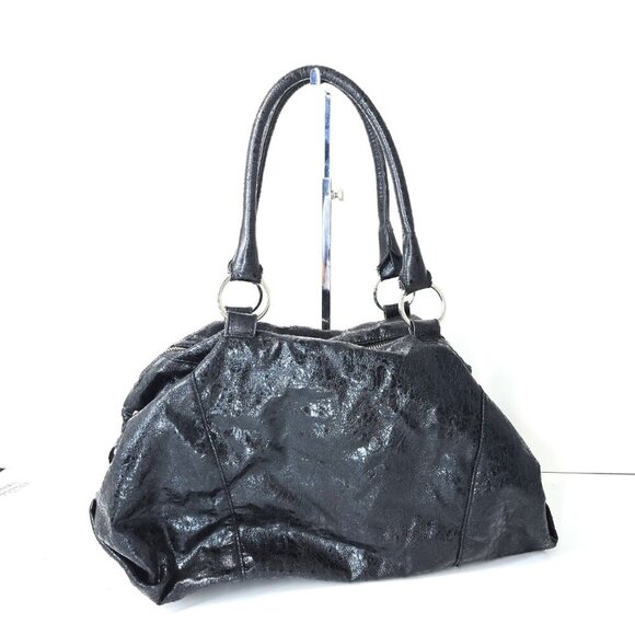 Express Black Cracked Leather Hobo Bag Shoulder Purse Shiny Large Satchel - Picture 4 of 12